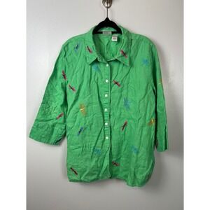 Kim Rogers Green Linen Dragonfly Embroidered Button Up Shirt Large Blouse Floral